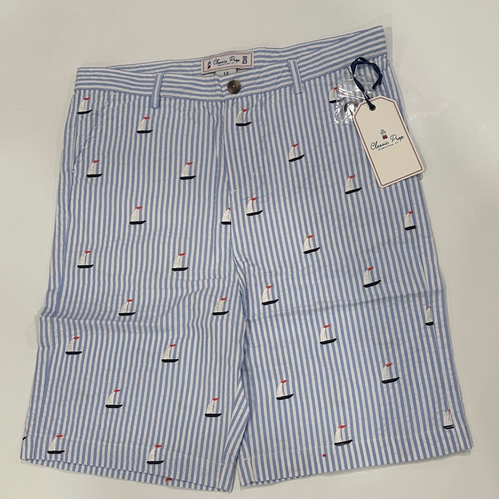 Classic Prep Hudson Short Sailboats Vista Blue Seersucker Embroidery 1H0009 12